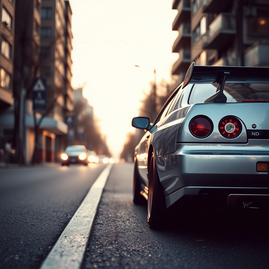 the car is parked on the side of the road, inspired by Taiyō Matsumoto, tumblr, restomod, nd4, c4 metallic shine nissan skyline r34 hard light