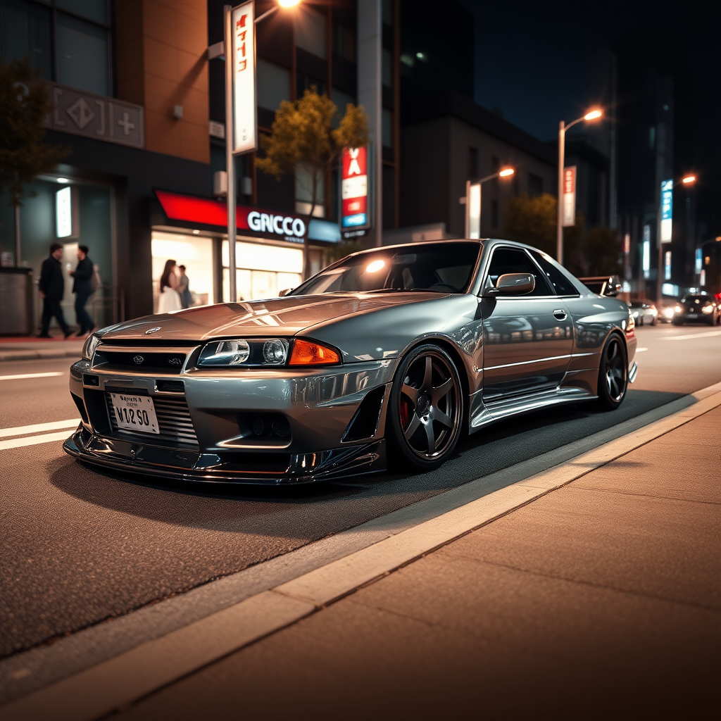 The car is parked on the side of the road, inspired by Taiyō Matsumoto, tumblr, restomod, nd4, c4 metallic shine gray black nissan skyline r34 tokyo night cosplay women background flawless detailed general details