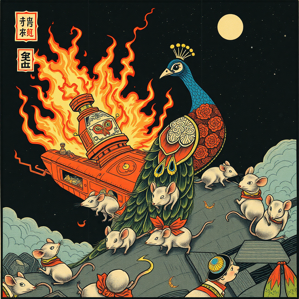 A tattooed peacock saving well-dressed rats from a burning spaceship, Chinese woodcut,