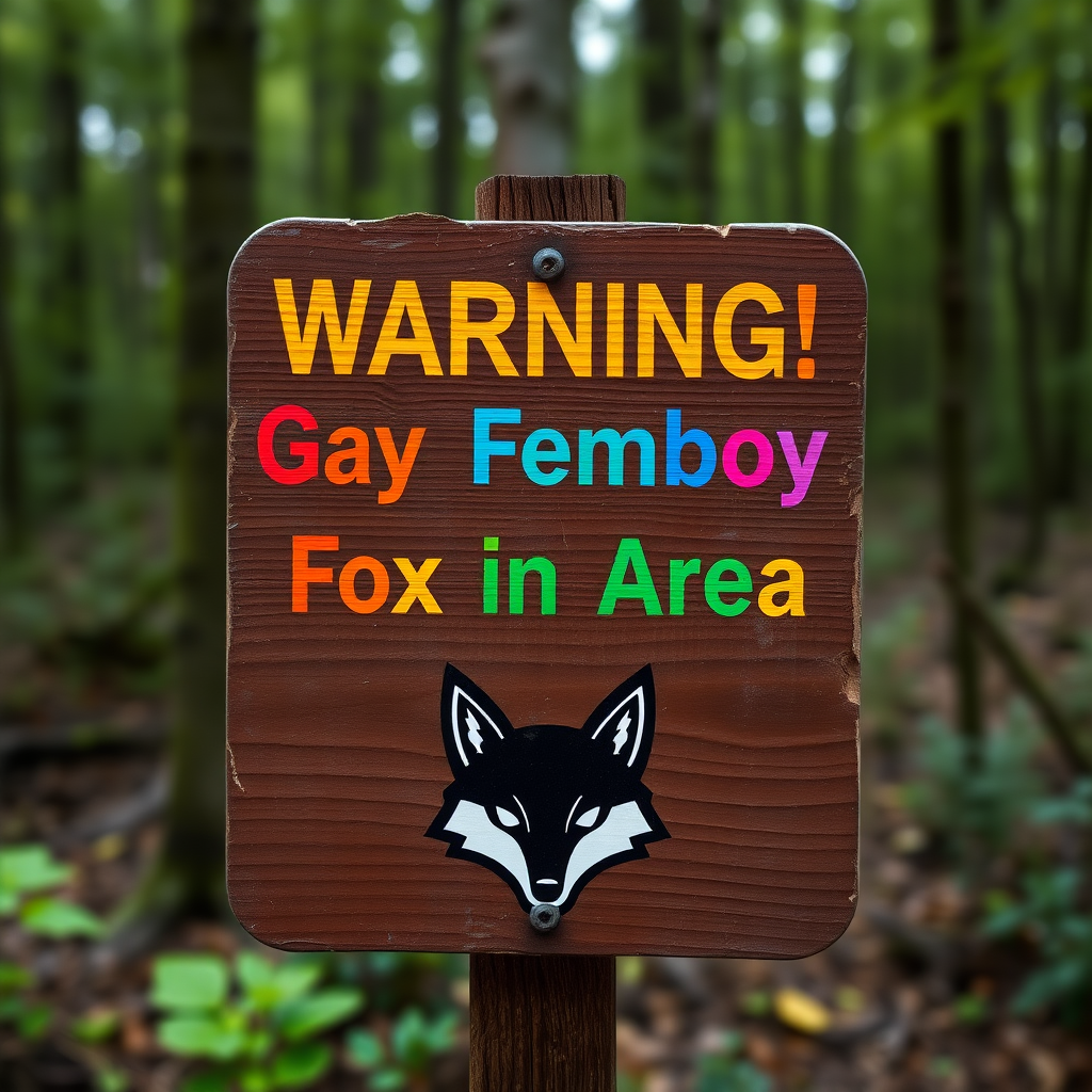 An in-focus photo of a worn wooden sign in the woods that says "Warning! Gay Femboy Fox in Area" in rainbow colours, the sign has a black fox logo with white eyes below the text.