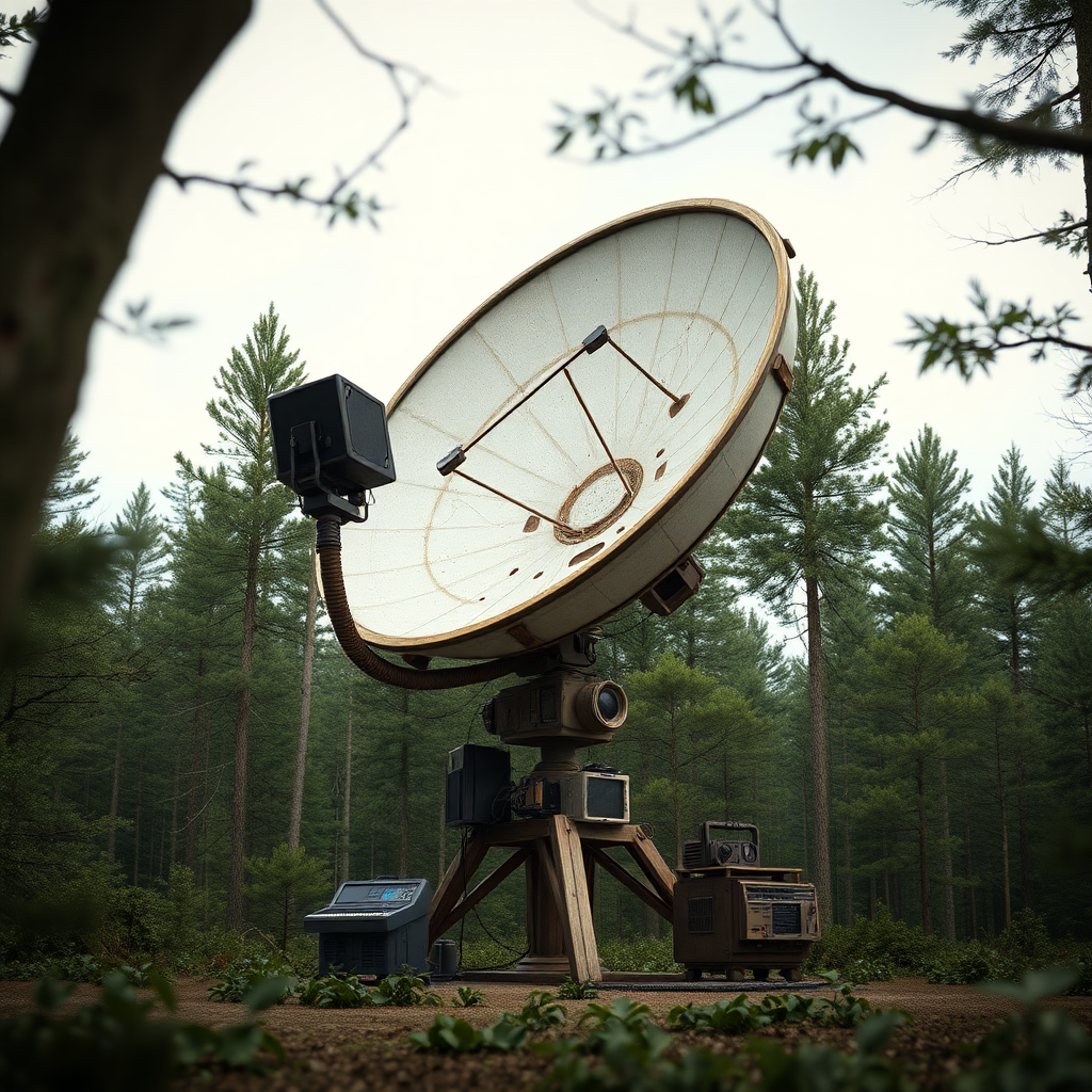 a full shot image of a high tech experimental rustic vintage satellite dish on a stand connected to some devices and equipment, 3d render in forest, concept art