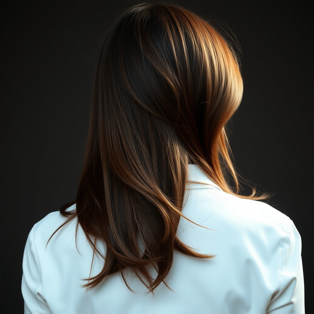 Model woman seen from behind with cool long brown hair.