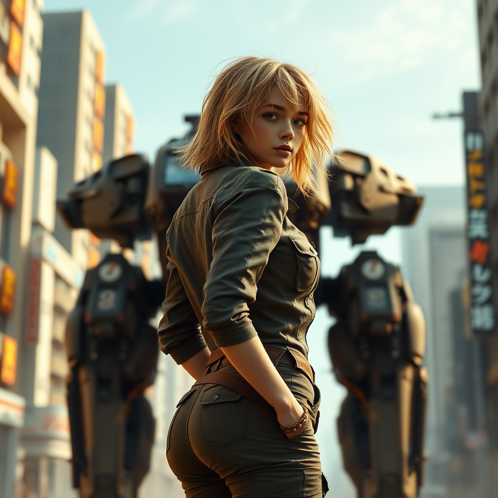 A full body shot from behind of a pretty twenty-something female with a face resembling (ana de armas). strawberry blonde messy shoulder length hair tussled by wind. military outfit, "Benaenae" badge on the breast pocket, long legs, futuristic neo-tokyo, battletech giant mechs twice the height of buildings, Hyper-realistic, Photorealistic digital matte painting, soft focus, film grain, lens flare. gritty, dirty, scuffed.