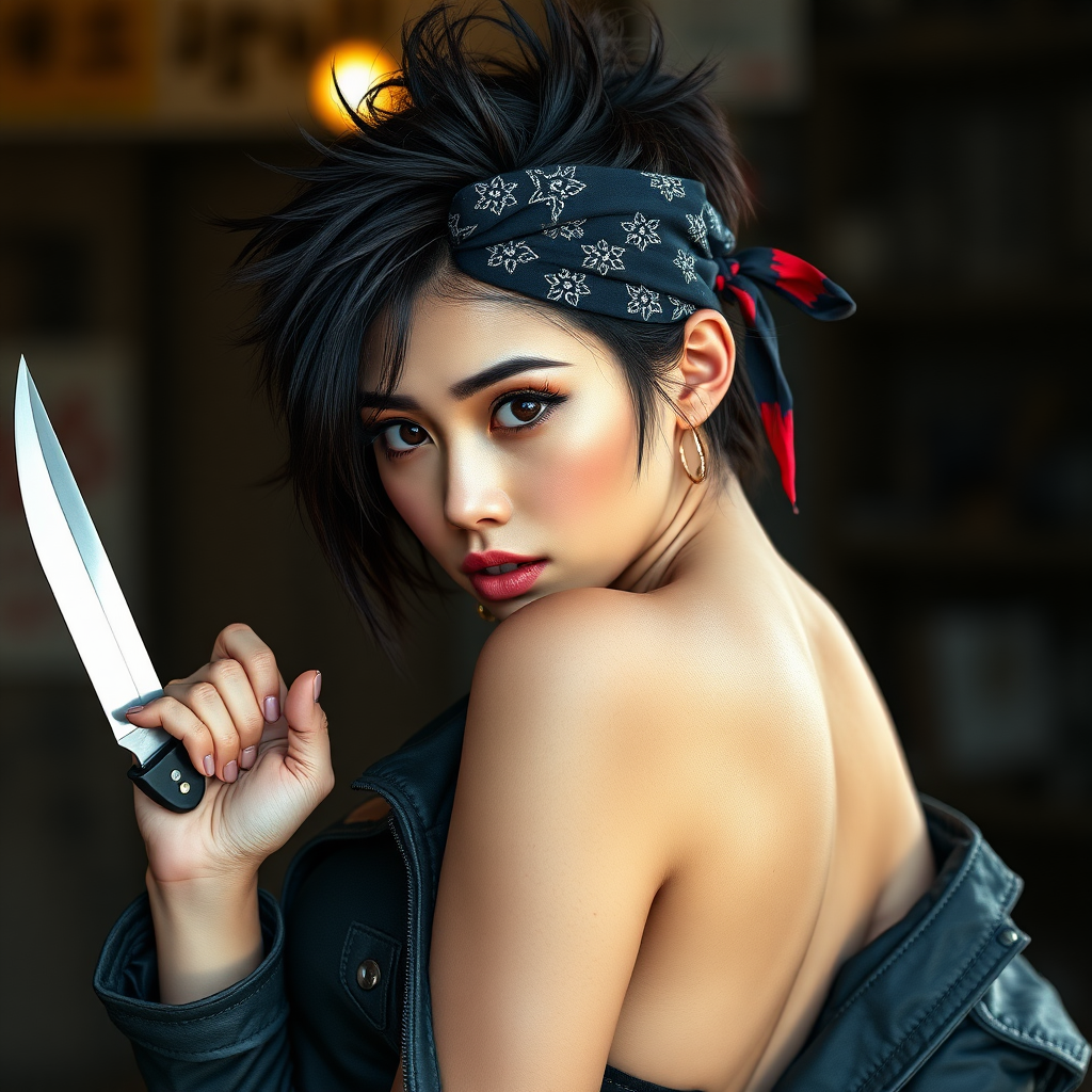 realistic photograph, sexy bandit girl, spiky hair, bandana, holding knife, Japanese-Brazilian mixed race, open jacket revealing cleavage, beautiful face, captivating eyes, large breasts, arched back pose, voluptuous, curvy