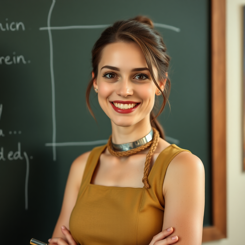 slim, 30 year old, sexy, french female school teacher, metal collar with a rope tied to it. She is smiling and teaching on a blackboard