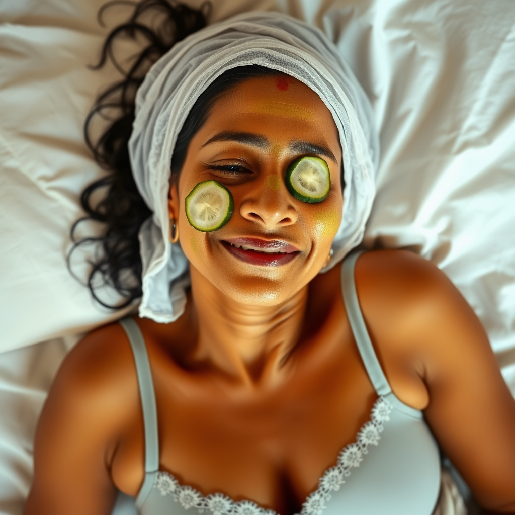 A skinny, traditional, 30 year old Indian wife with hair covering, wearing a bra, lying on a bed. Her face is covered with heena face mask, and her eyes are covered with cucumber slices. She looks satisfied from her facial expression.