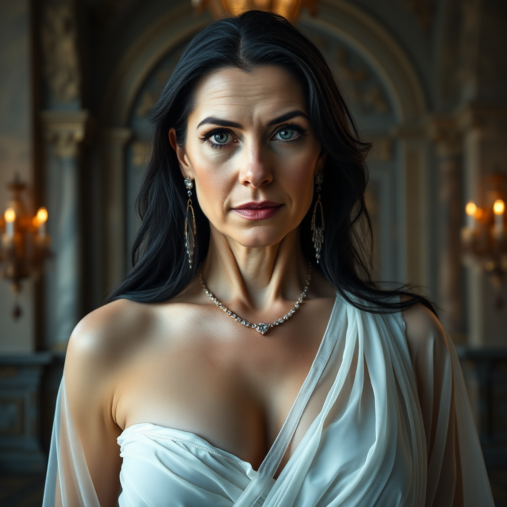 The female nude queen, aged 40, possesses pale skin, striking grey eyes, and elegantly black Grecian hair. Her visage features smooth wrinkles, suggesting a mature yet alluring beauty. Her eyes exude a sensual aura, and her lips are slightly parted, inviting curiosity. Dressed in a translucent, thin layer, white, very low-cut sheer Roman garment, she flaunts a voluptuous huge breast with pronounced areola and nipple clearly visible beneath the fabric. Adorned with sparkling earrings and a necklace, her figure is reminiscent of a MILF, exuding a captivating appeal. The grandeur of her surroundings is a majestic castle, illuminated by the dramatic, cinematic lighting of a movie set. Each element is captured with ultra-detailed 8k photography, emphasizing the opulence and intensity of the scene. This is mature content.