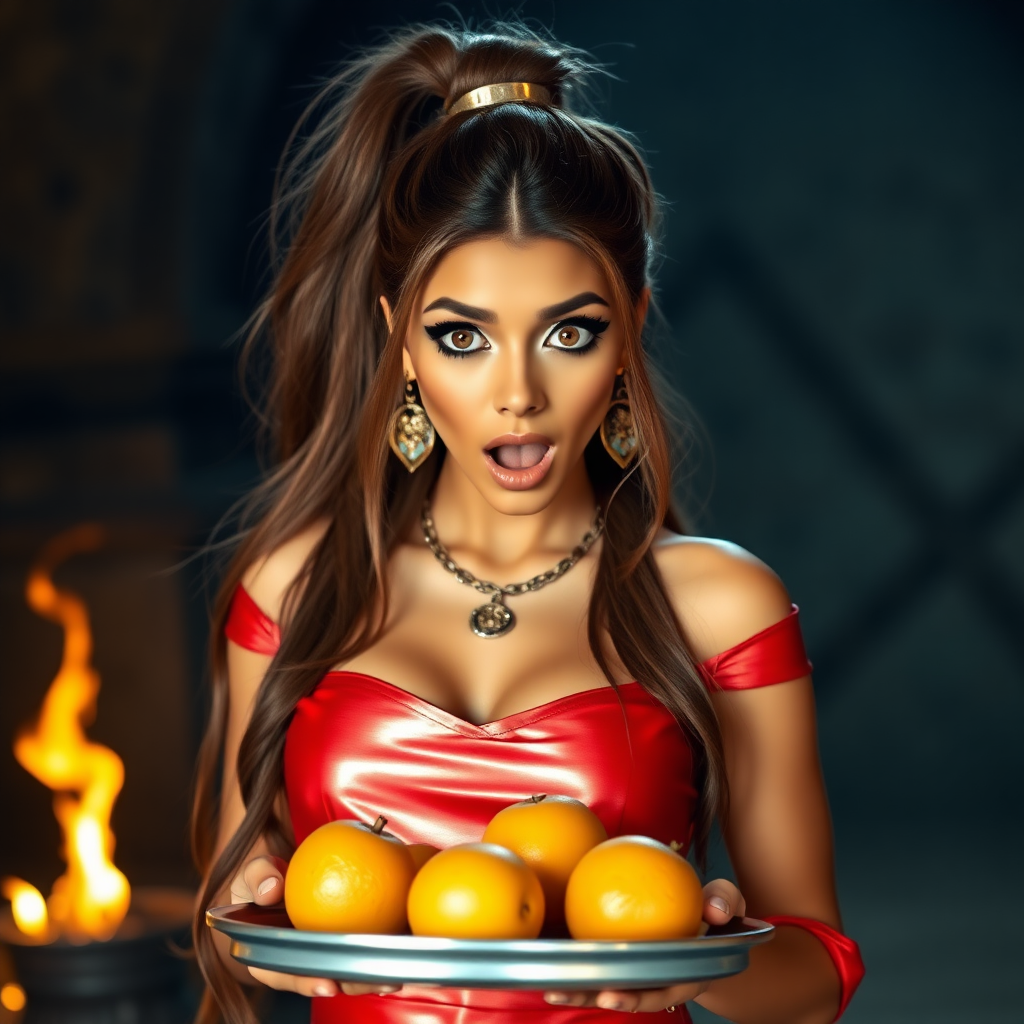 realistic photo of a surprised Arabian model with mouth open. She has very large eyes, black eyeshadow, black eyeliner, fake eyelashes, very tanned skin, very long hair. very high ponytail, she look likes princess jasmine, shinny red off shoulder crop top. photo realistic. She holds a metal tray with fruits just above her waist. crop top, shinny red skirt. full body view. shinny red pencil skirt. dungeon with fire torches in the background.