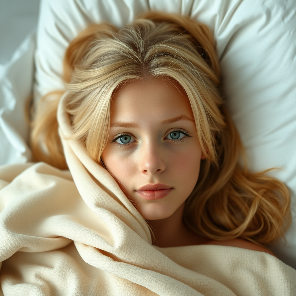 a young woman laying on her bed. blonde hair. completely covered by a blanket. only face visible. no makeup. photo