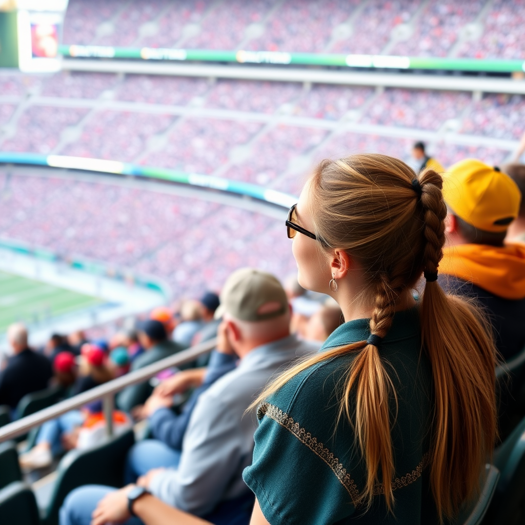 Attractive female NFL fan, pigtail hair, watching the match with friends, inside crowded bleachers, NFL stadium