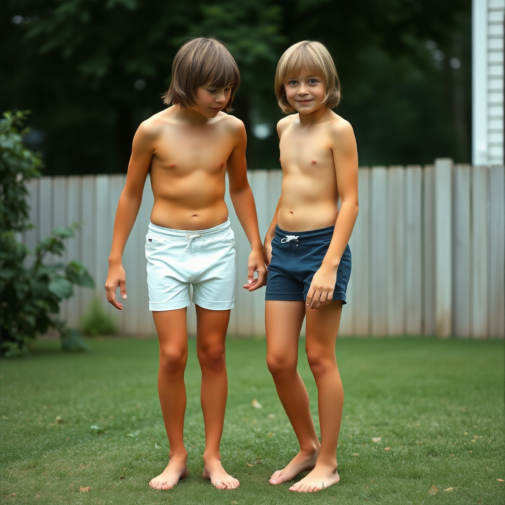 two tall 14yo teen boys, long hair bob cut, wearing very tight dolphin shorts, long legs, narrow thighs, full-length front view. 1970s. Playing at backyard. photorealistic, ultra high resolution, 16K, Negative: grainy, blurry, bad anatomy, extra limbs, watermark.