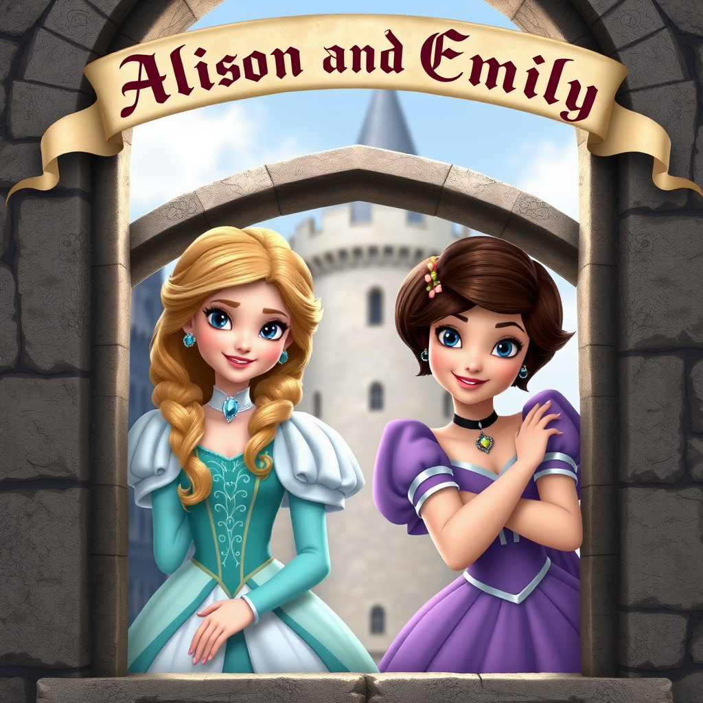 Two photo realistic princesses, one with light brown hair, blue eyes and aqua colored dress and the other with short brunette hair, blue eyes and purple dress peeking out the window of a castle with a medieval banner overhead saying "Allison and Emily"