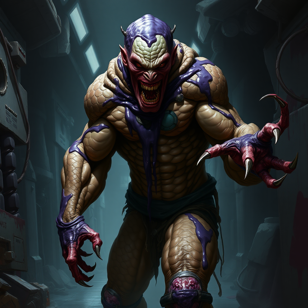 Sci-fi digital horror painting. Heavily mutated crew member, skin covered with sturdy scales, his body and limbs elongated and twisted while muscles ever tensing. Aggressive violent snarl on face. One hand has long sharp claws while the other looks relatively normal. Dark purple goo oozing all over him. Dark rocky industrial corridor.