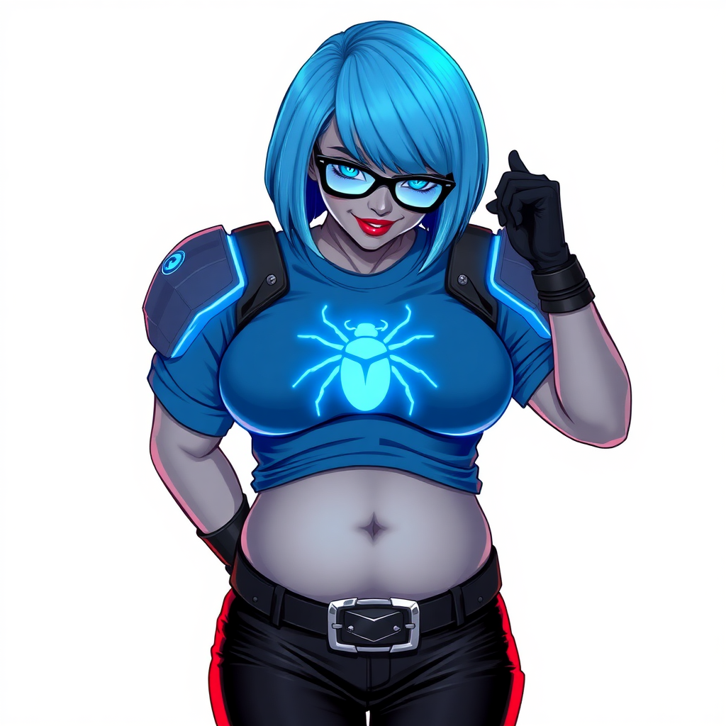 A 28-year-old, full-figured, metallic middle gray skinned cyberpunk computer program hybrid with a short maximum blue bob cut. She has a non-athletic build, highlighted by a prominent, round midsection (with a focus on her round belly). As a digital sidekick to her cyberpunk vigilante boyfriend, her middle gray metallic skin and maximum blue lipstick emphasize her digital nature. She wears a digital, computerized, costume consisting of a huge, tight-fitting, neon blue glowing, digital armored, maximum blue t-shirt (accentuating her round belly) with a neon blue glowing chest icon of a beetle, black digital pants, a black belt with a neon blue glowing digital beetle buckle, and black hi-tech gloves. Her bright blue eyes, black eyeglasses with lenses glowing bright neon blue, and shy smile with neon red blush accentuate her nerdiness. She bashfully bows her head (while still facing the screen) with her hands behind her back, her t-shirt covers her midsection (especially her belly) and emphasizing her full-figured, non-athletic physique. She is on a solid white background. She is drawn as if she was in a retro 2D cyberpunk fighting game. She is clearly non-athletic, with a focus on her full figure. Make sure her outfit covers all of her bare skin (especially her round midsection).