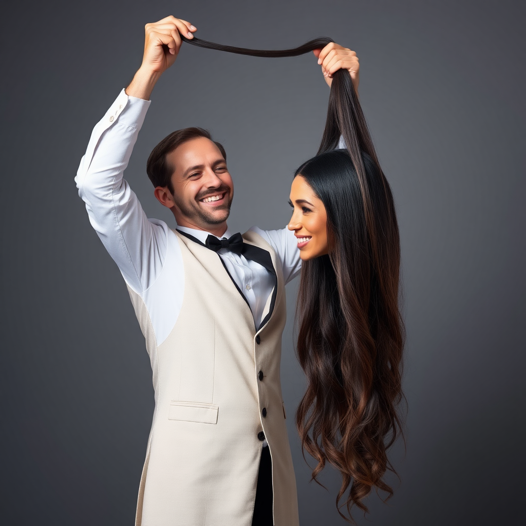 A surreal image of a smiling male magician standing to the side while holding up the disembodied head of a very long haired Meghan Markle by her hair to display it to the camera. He is grabbing her very long hair and pulling it up high in the air, while her head is hanging by her hair from his grasp. Plain gray background.