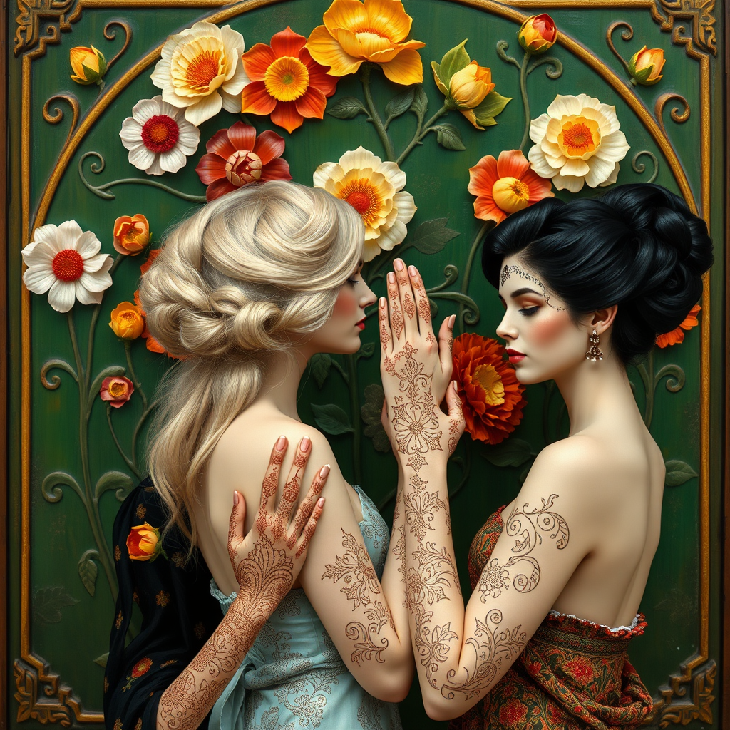 Promt by picture with: In the Max Klimt style. Women (one is blonde and two are black-haired) with filigree henna tattoos on their hands and arms stand in front of an Art Nouveau relief with colorful flowers painted on a green background. They have very, very white skin. The hairstyles are updo hairstyles in Art Nouveau.