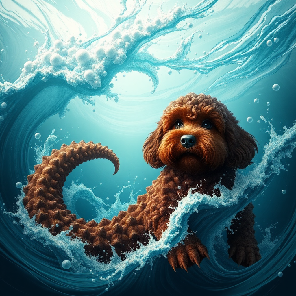 cute gigantic chocolate colored cockapoo ocean sea monster coming out of the ocean, ultra realistic, ultra detailed, 50mm photo