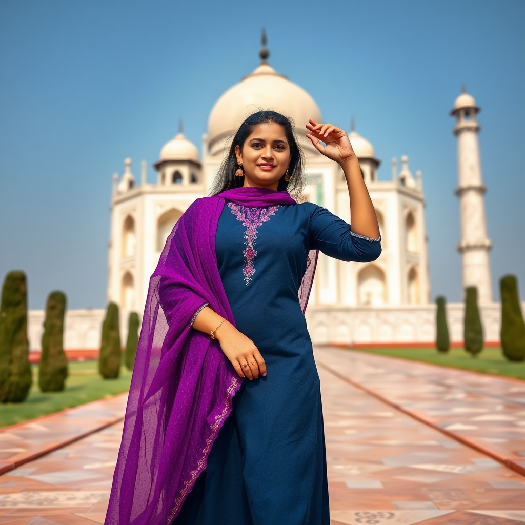 A 20 year old model in navy blue kurti with mesh violet dupatta taking photo in front of Taj Mahal, high contrast, photography taken according to the rules of photography, azure sky, taken from low angle