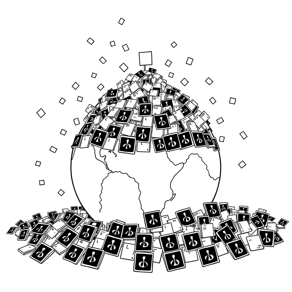 Create a comic drawing of a globe being overwhelmed by a huge pile of tiny cards that reach the stratosphere. The style is a minimalist drawing with only black ink. Each of the cards has a black background with a white mammogram.