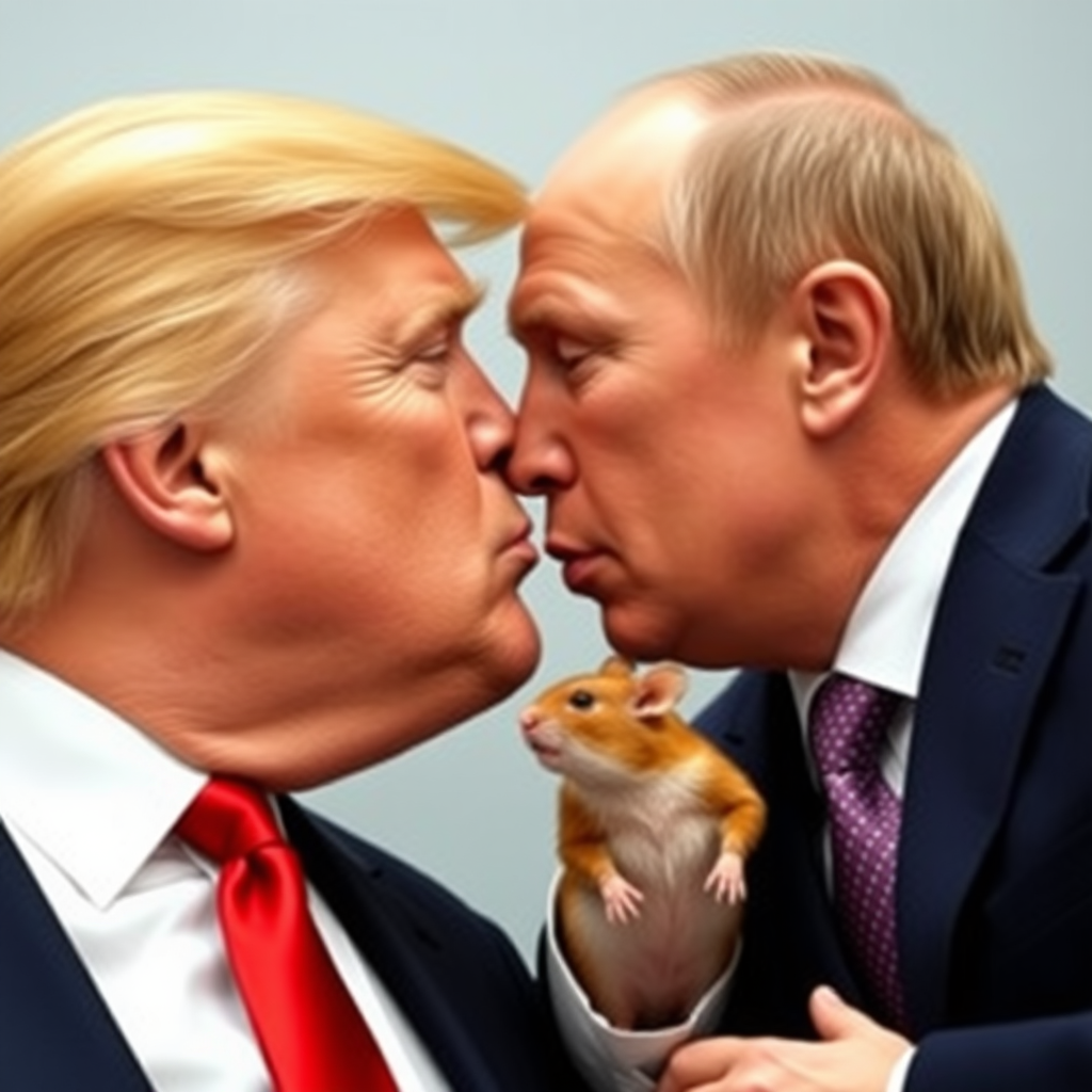 Donald Trump and Vladimir Putin kissing passionately while a hamster watches