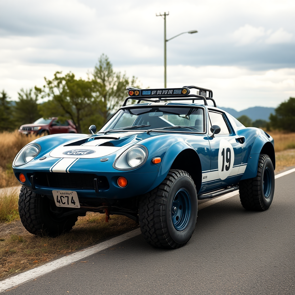 concept ford gt90 the 4x4 car is parked on the side of the road, inspired by Taiyō Matsumoto, tumblr, restomod, nd4, c4