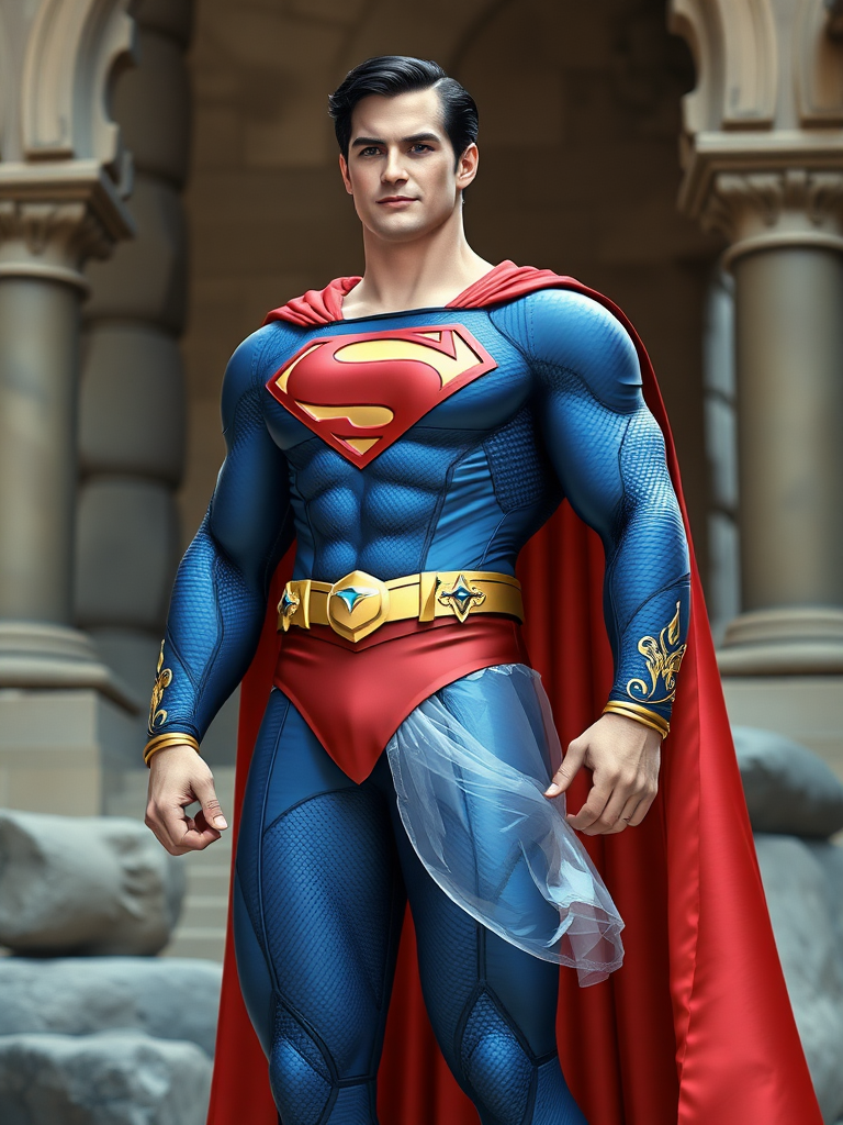 Generate a full-length image of Superman incorporating the body traits of Princess Aurora. Retain his core costume but incorporate embellishments and elements from Aurora's attire. The background should be a setting appropriate for both characters.