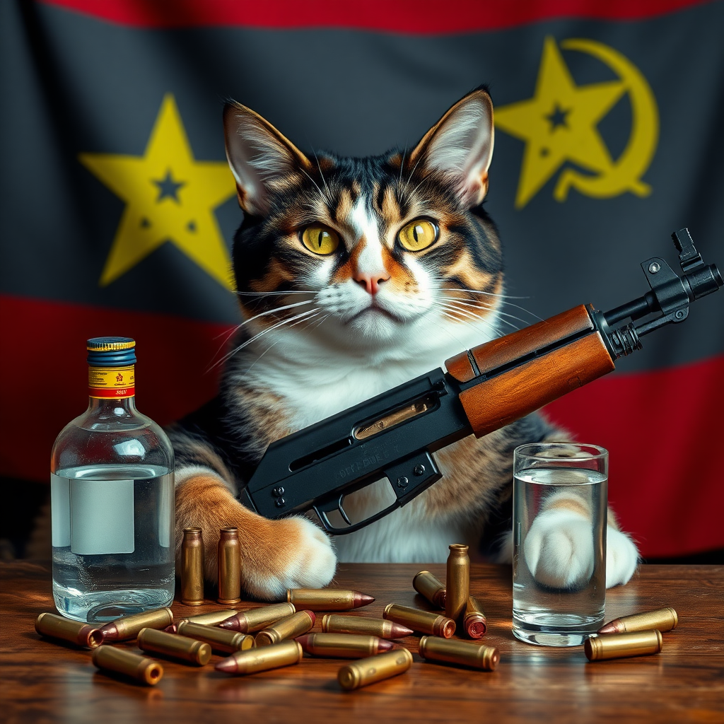 Soviet communist cat with an AK-47 and vodka and a USSR flag behind a table with bullet casings on it