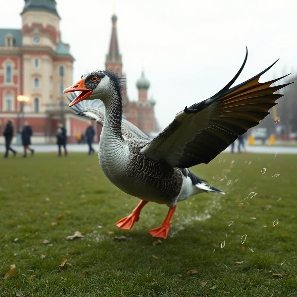 Electric Goose dragon hybrid attacking Moscow, news footage