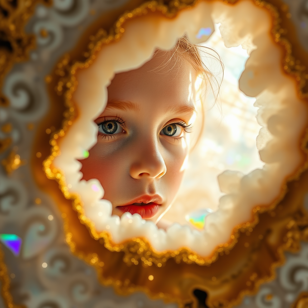 young girl, high quality photo, intricate environment, ultra-detailed, impressionistic, dynamic composition, artistic photograph, geode, alabaster, gold, fractal, brilliant colors, glittering, sunlight, illumination, transparency, translucent, opal