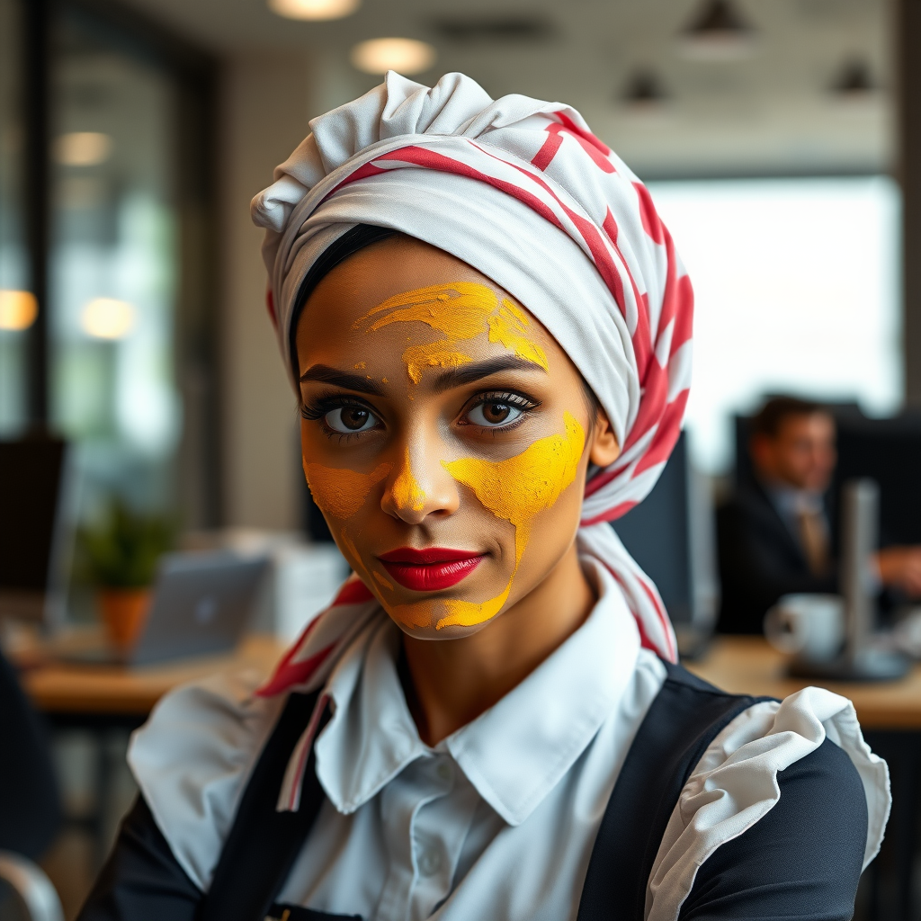 slim, modern, french maid, scarf head, turmeric paste on face, working in office