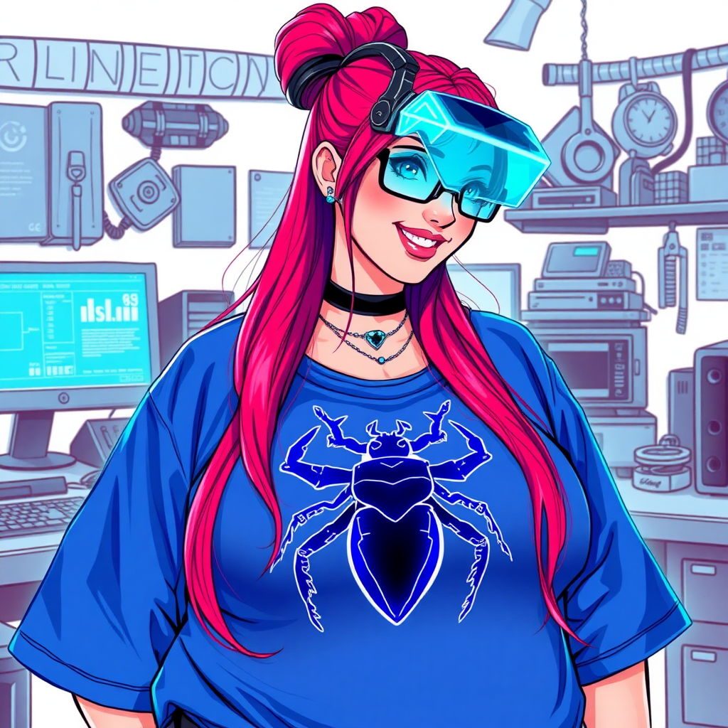 A cyberpunk vigilante’s full-figured intelligent and tech-savvy 29-year-old girlfriend, who is a computer hacker and tech genius. She has a long ruby red ponytail and bright blue eyes. She wears a sapphire beetle gemstone necklace, and an oversized maximum blue t-shirt featuring a giant neon blue glowing icon of a beetle on its chest. She has a full-figured physique with a prominent, gargantuan, round midsection, reflecting her well-cared-for lifestyle. The midsection is heavily emphasized. She sports a sapphire headset with hi-tech maximum turquoise lensed HUD visor, black eyeglasses, and a beaming smile with a passionate bright red blush. Despite her figure and a lack of self-esteem, she radiates an air of beauty. She has a slim face which contributes to her radiant beauty. She serves as his tech expert from his hideout, dutifully working at her workshop with a computer desk and tool bench. The background is solid white. She is drawn as if she was in a retro 2D cyberpunk fighting game. Make sure her shirt covers her round midsection.