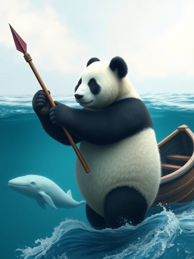 A panda bear standing in front of a small boat holding a spear while hunting for a great white whale. The whale is barely visible below the water.