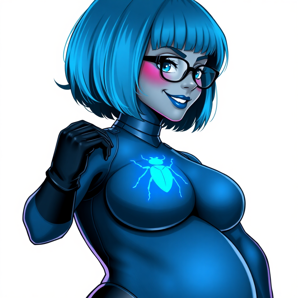 A 28-year-old, full-figured, middle gray metal skinned computer program-human hybrid with a maximum blue bob cut. She is the digital sidekick, computer hacker, and nerdy girlfriend of her cyberpunk vigilante boyfriend. Her middle gray metallic skin, distinct from any other character, highlights her digital nature. She wears maximum blue lipstick and has bright blue eyes. Her outfit includes an oversized digital maximum blue bodysuit with a neon blue glowing chest icon of a beetle and black gloves. Black eyeglasses accentuate her nerdiness, and she has a lovestruck smile with neon red blush. Her non-athletic full figure consists of a prominent, gargantuan, round midsection (with the full emphasis on her gargantuan belly), gigantic limbs, and broad shoulders, reflects the doting care of her vigilante boyfriend. The background is solid white. She is drawn as if she was in a retro 2D cyberpunk fighting game. Ensure her bodysuit covers all her bare skin (especially her round gargantuan belly). Her oversized bodysuit is influenced by DC's superheroine Jennifer Knight Phantom Lady but remains distinct.