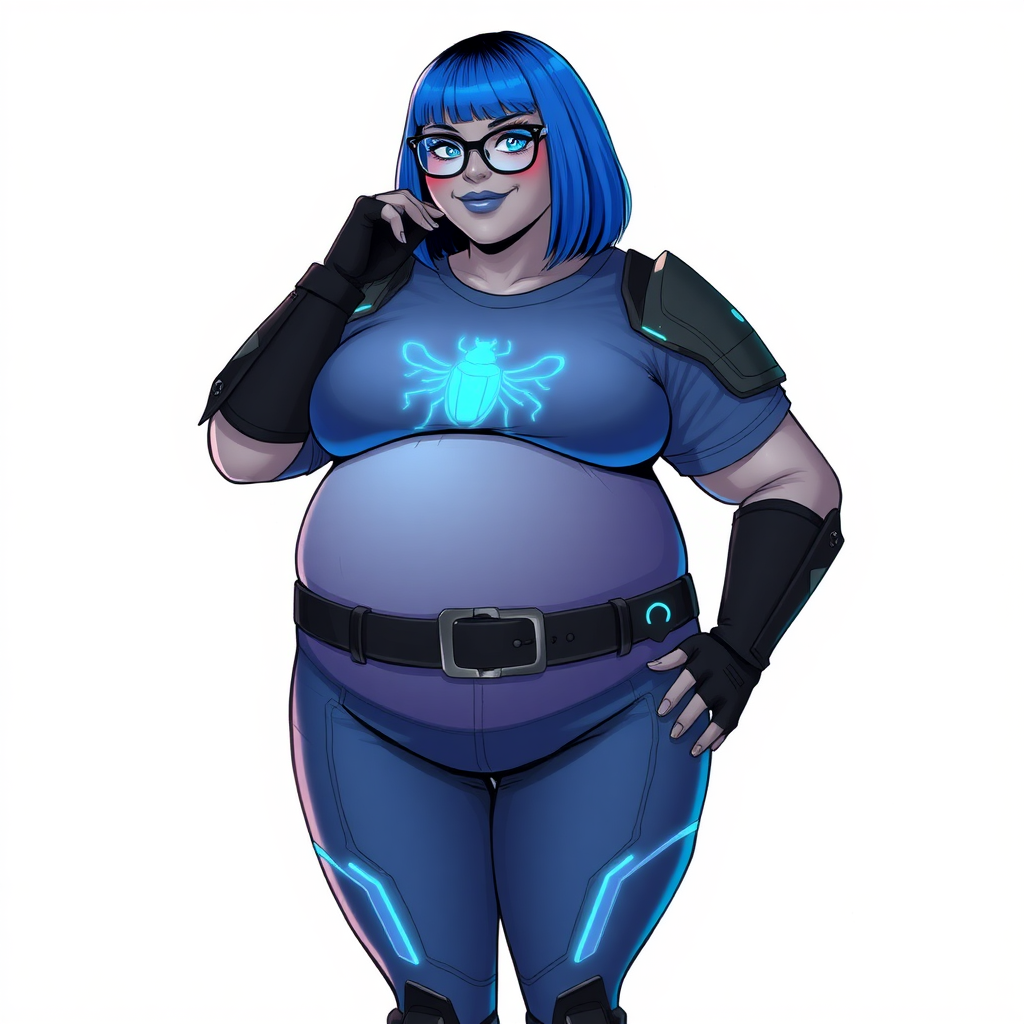 A 28-year-old, full-figured, Middle Gray (N5) skinned, computer program hybrid with a maximum blue bob cut. She has a non-athletic, full-figured build, highlighted by a prominent, round, large midsection (with heavy emphasis on her belly). As the full-figured, nerdy, digital sidekick to her cyberpunk vigilante boyfriend, her metallic middle gray (N5) skin and maximum blue lipstick emphasize her digital nature. She wears a digital, computerized costume inspired by DC’s Carrie Kelly Robin, consisting of a huge, tight-fitting, maximum blue t-shirt with a neon blue glowing beetle chest icon, hi-tech shoulder pads with neon blue accents, a black hi-tech belt with a digital neon blue glowing buckle, digital maximum blue pants with neon blue accents, and black hi-tech gloves with neon blue glowing accents. Her bright blue eyes, black eyeglasses with neon blue glowing lenses with a built-in HUD, and shy smile with neon red blush accentuate her nerdiness. She stands bashfully with one hand behind her back and the other hand gently touching her cheek, her costume covering all her skin and emphasizing her full-figured physique (especially her belly). She is clearly non-athletic, with a heavy focus on her large belly. Despite her build, she radiates beauty. She has a slim face compared to her physique, accentuating her radiant beauty. She is on a solid white background. She is drawn as if she were in a retro 2D cyberpunk fighting game.