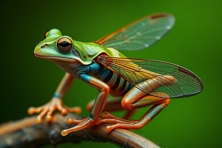 Generate a full-length, highly detailed image of a frog with its body structure seamlessly transformed into that of a horsefly. Ensure that the anatomical precision is maintained, showcasing the unique features of both creatures in harmony. The frog's vibrant colors and patterns should blend with the iridescent wings and facets of the horsefly. The background should reflect a natural habitat, adding depth and context to the composition. Render the scene in the style of award-winning wildlife photography, highlighting the textures and intricate details of this intriguing hybrid creature. Capture the essence of both animals in a visually striking way.