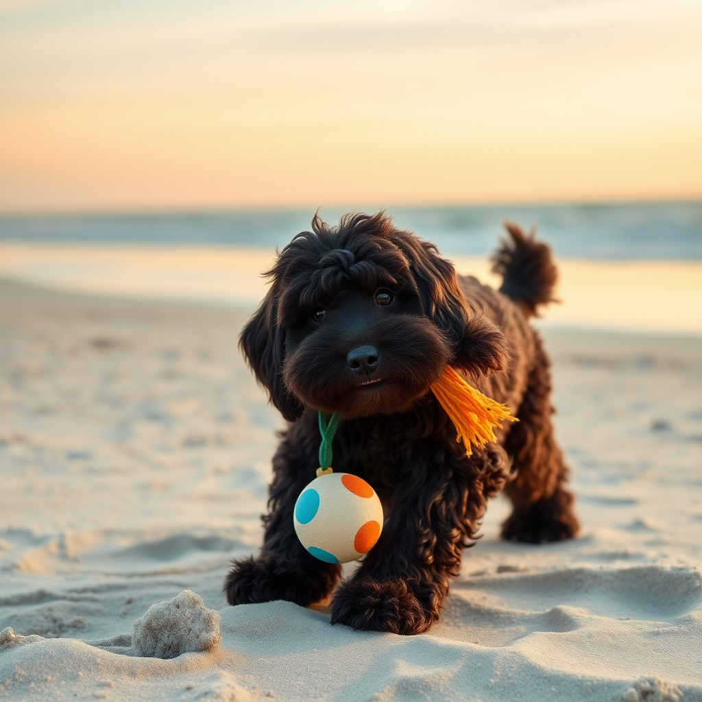 cute gigantic dark chocolate colored cockapoo, playing on the beach, ultra realistic, ultra detailed, 50mm photo, toy in his mouth, huge