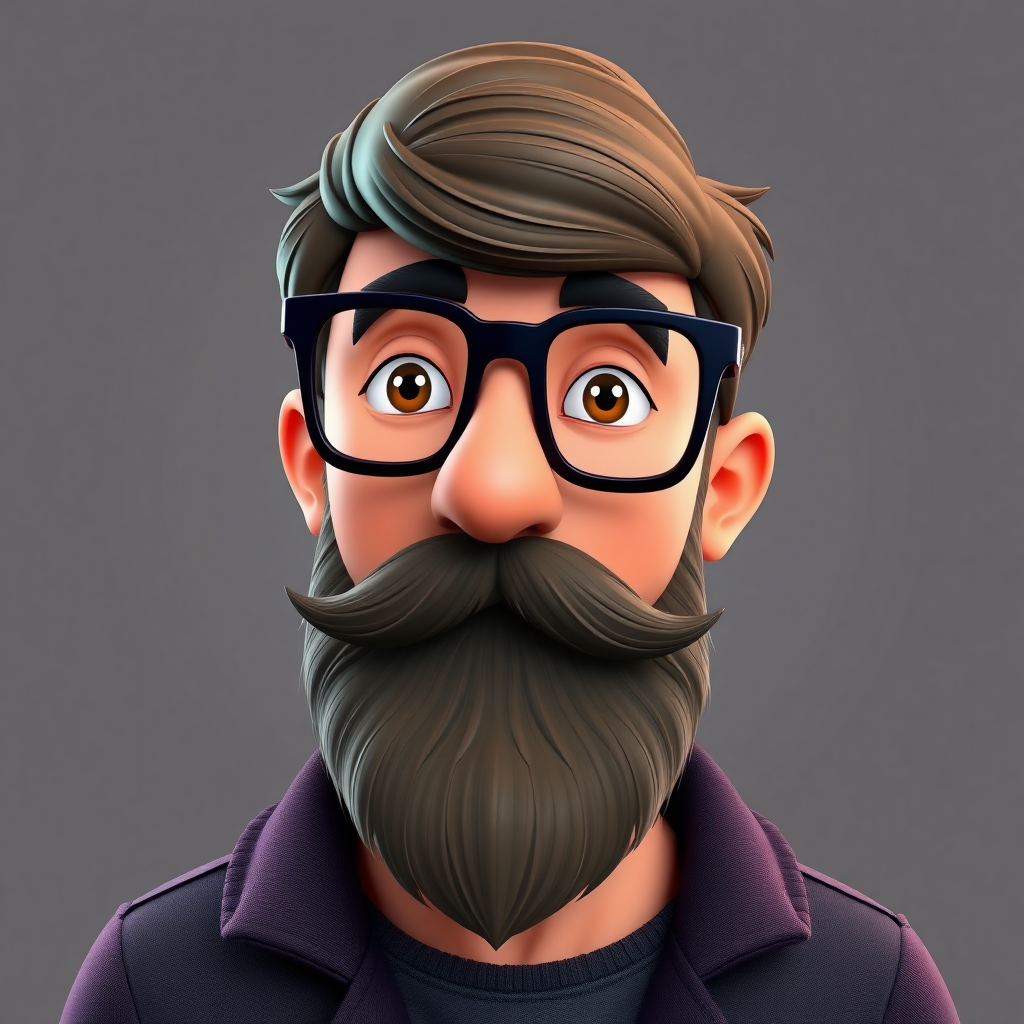 Cartoon 3d Avatar of a guy with spectacles and a long beard but short to medium moustache