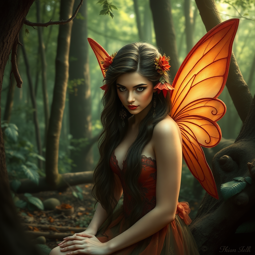 A classic forest scene with an attractive and seductive fairy. The scene is lush with the art styling of Brian Stroud - then turn it into a photo of a real life person.