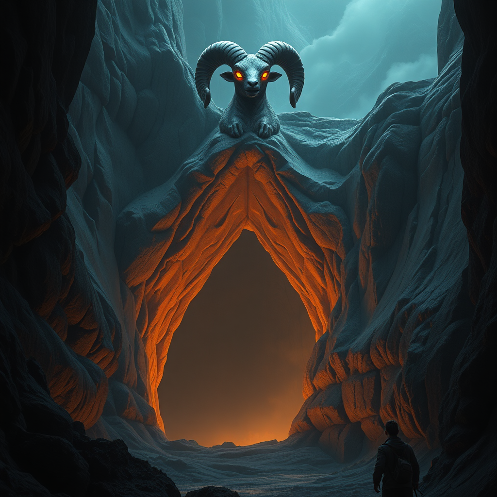 In this high-quality depiction, the scene features a massive, dimly-lit cavern entrance nestled within a colossal mountain. The mountain itself is uniquely shaped, its entrance evocative of the opening of a vagina/vulva, subtly highlighted by an eerie, ambient glow that emanates from within. This natural formation suggests an ancient, sacred, or forbidden place, its curves and contours both alluring and mysterious.

At the very top of the cavern entrance stands a grand statue of a ram's horn, intricately carved from stone. The statue is imposing and majestic, with its large, curved horns reaching outwards. The eyes and mouth of the ram are set ablaze with a fiery, haunting glow, casting flickering shadows across the surrounding rock face and adding an element of danger and power to the scene.

The cavern’s entrance is partially illuminated by this fiery glow, casting long, dramatic shadows and highlighting the rugged textures of the surrounding mountain. The overall atmosphere is one of ancient grandeur and ominous anticipation, as if the cavern and its guardian statue hold secrets and stories from a bygone age.