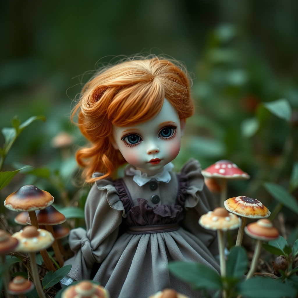 ooak art doll in nature, looking at camera, shy flirting, bisque doll, artist doll, realistic doll, life-like porcelain doll, handmade, one of a kind, focus stacking, abstract, minimalist art, in focus, hyperfocal, bisque porcelain, Victorian dress, symmetric, sacred geometry, original, unique personality, dynamic, cinematic scene, centered, zoom shot, dept of field, low key lighting, preteen ginger girl, balanced colors, Alice in wonderland, mushrooms