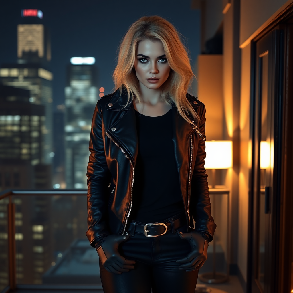 A beautiful and hot blonde thief girl in a black leather jacket over tight black t-shirt with black jeans and gloves in a Manhattan penthouse at night.