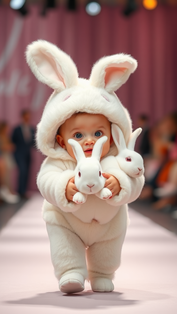 A cute small chubby fair baby with big eyes, pink lips, and pink cheeks, wearing a furry cozy white rabbit costume, is doing a ramp walk in a fashion show, walking with a real big white rabbit held in their hands, cinematic.