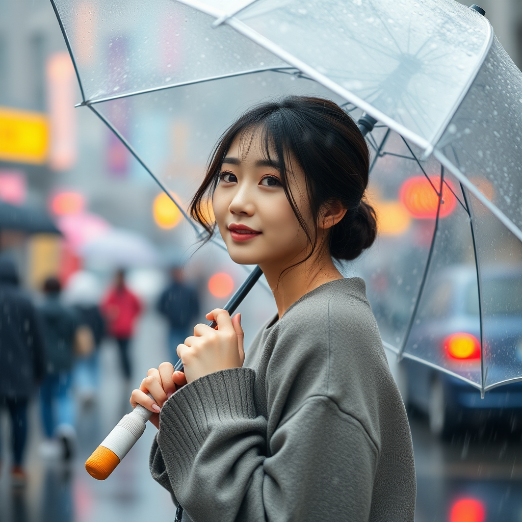 The most beautiful Korean woman holding an umbrella on a rainy day