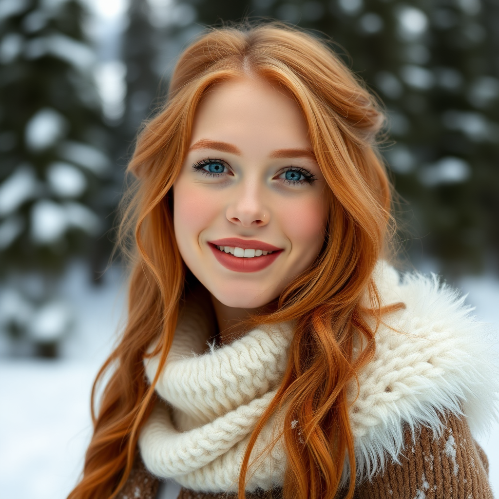 beautiful young elegant woman with ginger long hair, full lips, pale skin, on Alaska Juno happy in the snow