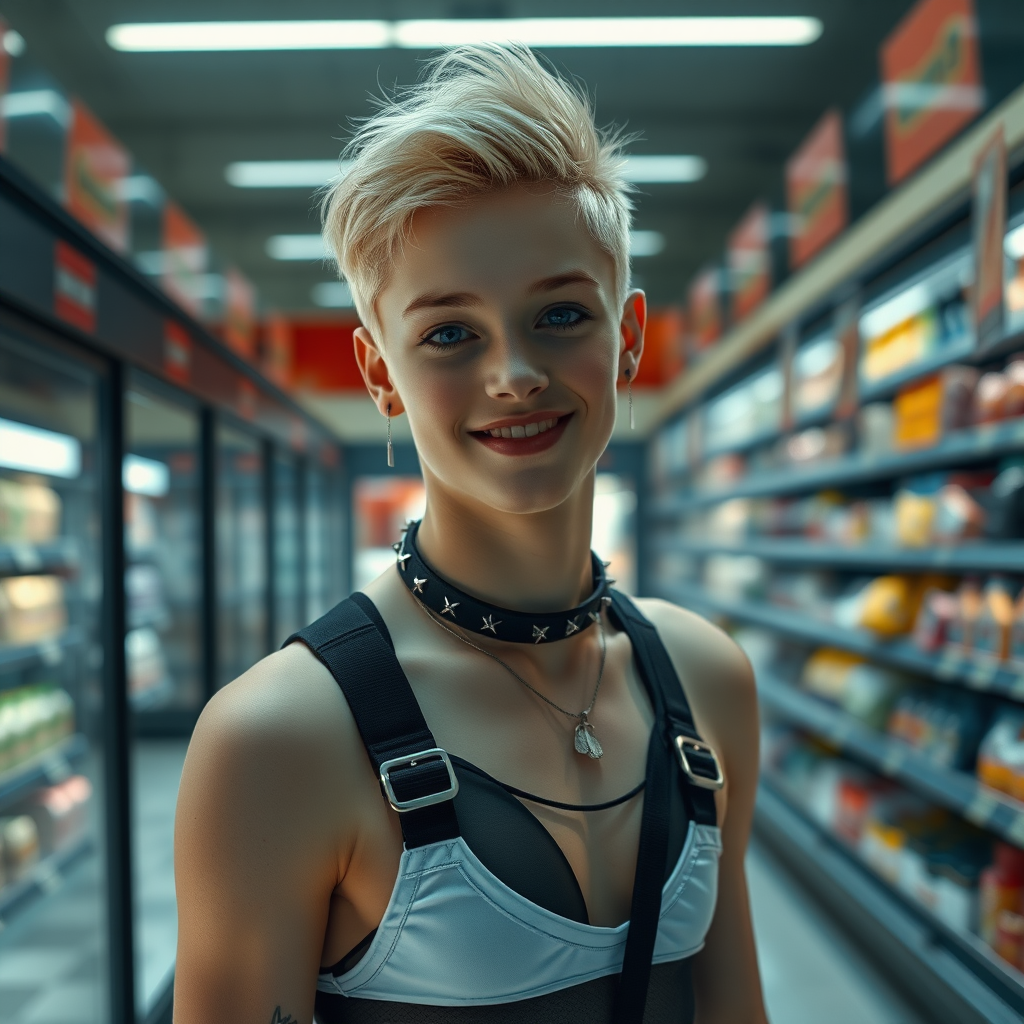 photorealistic, ultra high resolution, 16K, surreal fantasy, studio lighting, a pretty 16 year old goth boy, slim male physique, short blonde hair, goth makeup, earrings, pantyhose, harness, spikey dog collar and leash, trainer-bra, white ballet shoes, in the supermarket, excited smile, facing the camera.