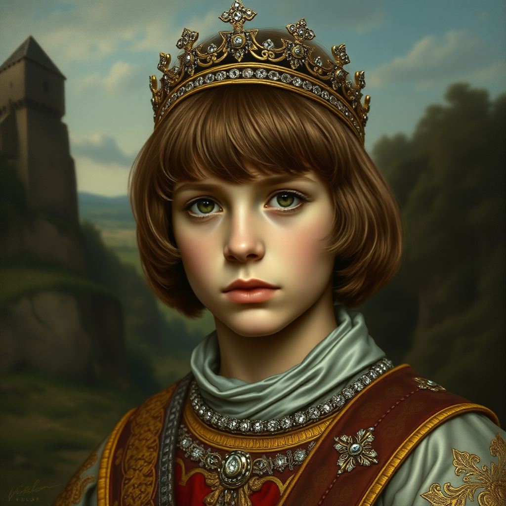 16yo teen boy prince, long bob cut, embroidered with gold and diamonds medieval cloths, diamond diadem, natural Skin Texture, and Beautiful War. Free style by 20% Adolphe William Bouguereau, Academic realism and 20% Sandro Botticelli, early Renaissance and 60% Otto Lomüller, Boy Scout photorealism. The background is in the style of landscape style by Antonio del Polaiolo, Generating the signature at the bottom: Viva FLUX and Rombach, ultra high resolution, 16K,