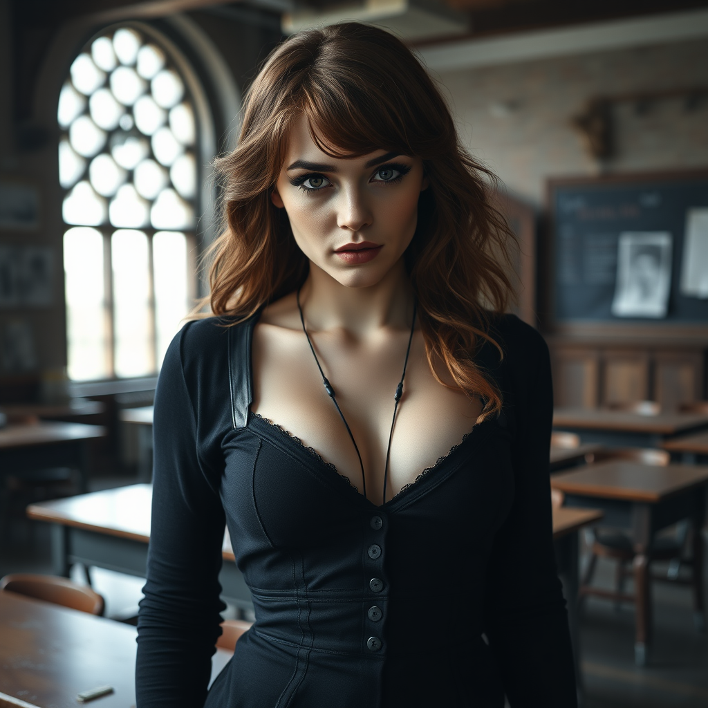 emma watson as hermione granger in goth clothes, brown hair, seductive, (braces: 1.3), slightly open mouth, black eyeliner, fishnets, high heel boots, revealing hogwarts uniform, cleavage, full body shot, erotic, teasing, dark and moody, skin details, abandoned hogwarts classroom in background, photorealistic, ultra high resolution, 16K