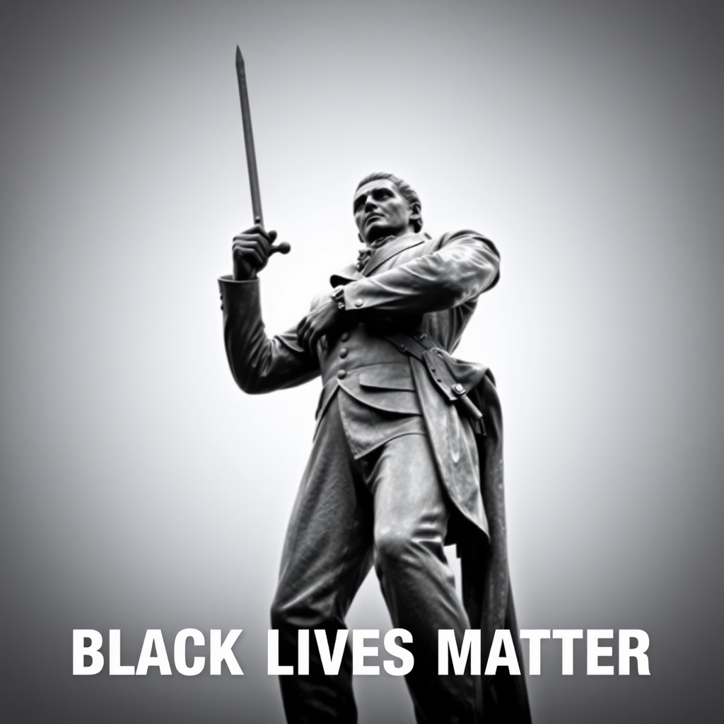 African-American black statue of George Perry Floyd Jr. with a sword posing and 'Black Lives Matter' around it. Black Lives Matter (BLM) is a decentralized political and social movement Art.