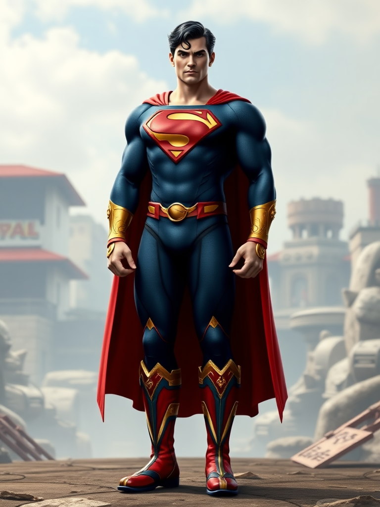 Generate a full-length rendered image depicting Superman as if he possessed the physique of Chun-Li from Street Fighter. Maintain Superman's iconic head, hairstyle, and facial features. Adapt Superman's costume as the base, incorporating Chun-Li's distinctive golden bracelets and thigh-high boots with accents as embellishments. Ensure the adjustments to the costume align with Chun-Li's body proportions. Craft a background that seamlessly blends elements from both characters' recognizable environments. Aim for a photorealistic style in the final image. Portray Superman in a powerful, confident, and heroic standing pose. Employ a vibrant color palette that reflects the distinct color schemes of both characters. Set the final image size to 1024x1024 pixels.