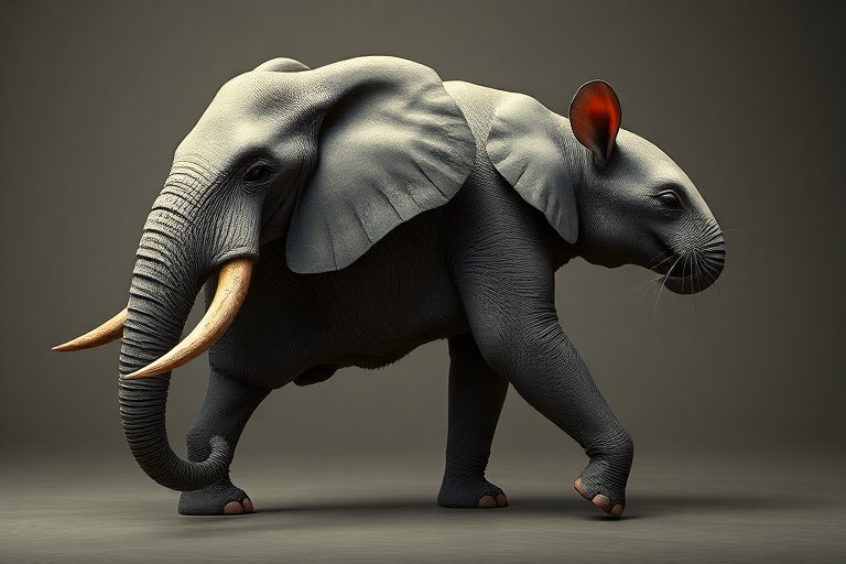 A full-length, photorealistic image of an elephant possessing the musculature and silhouette of a mouse, while retaining its head, complete with facial features. The creature's skin and fur should remain intact. The background should draw inspiration from both the elephant and mouse, seamlessly blending their distinct characteristics.